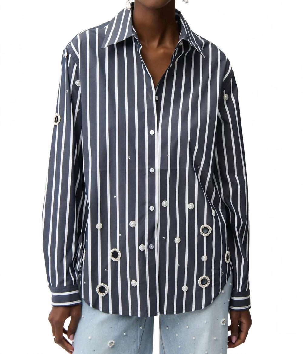 NEW JOSEPH RIBKOFF stretch cotton stripe print boxy blouse with rhinestones in m